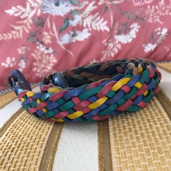 Vintage Leather Multicolor Navy Blue Yellow Green Burgundy Woven Belt Size M/L - Picture 6 of 7